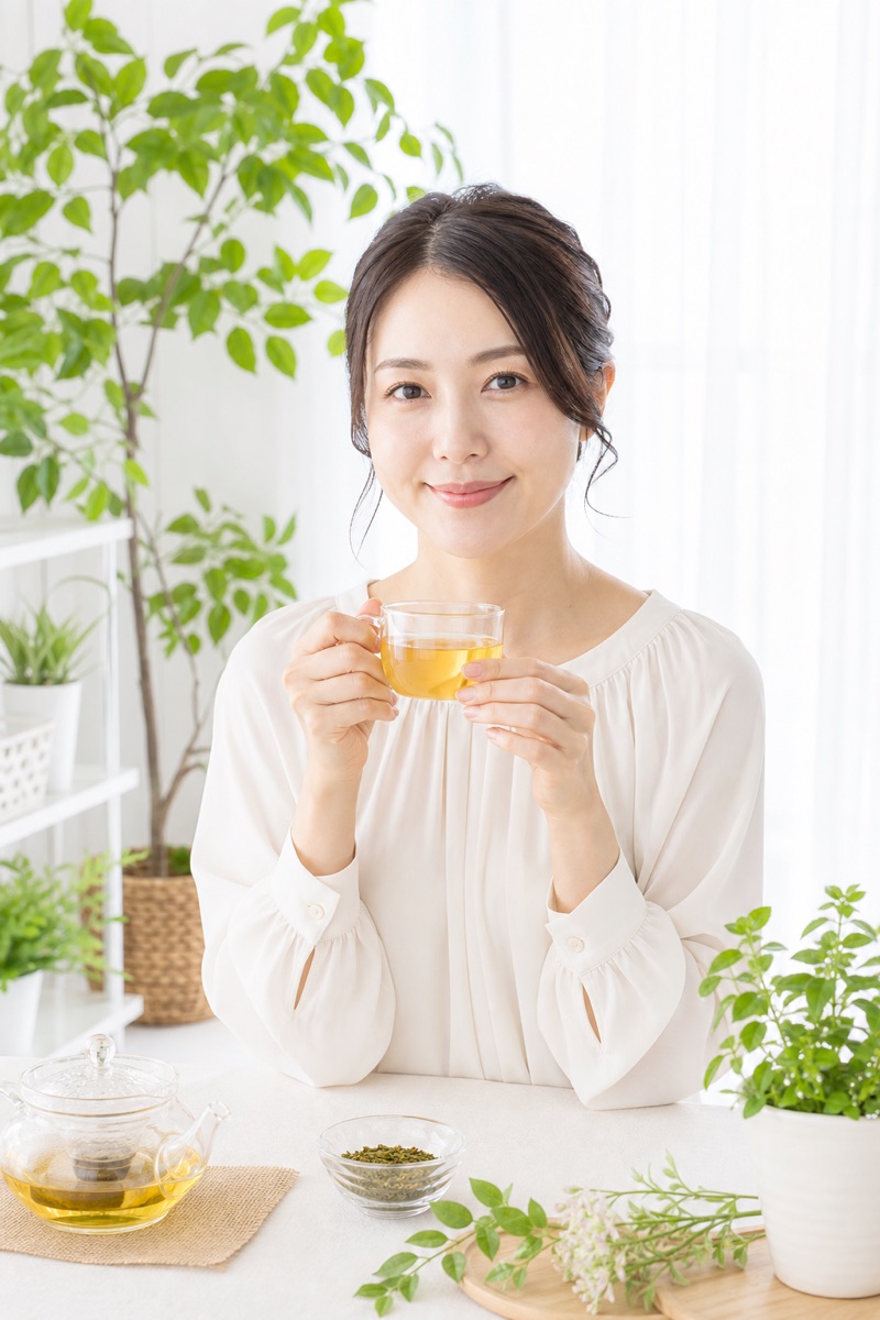 ガラスのカップに入ったハーブティーを両手で持つ30代の女性