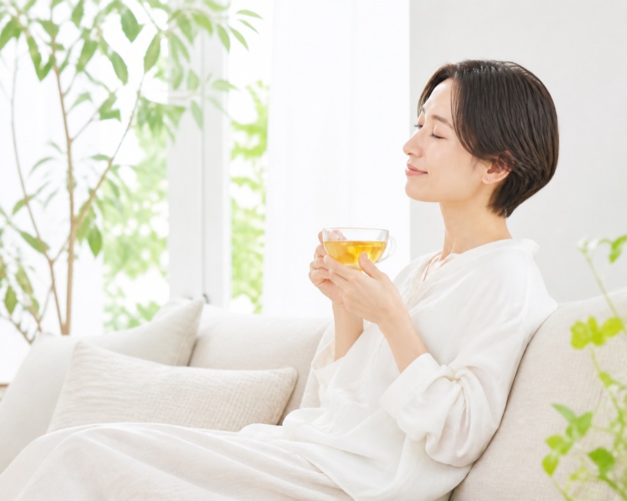 明るい窓辺のソファでハーブティーを持ってくつろぐ女性